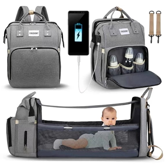 Diaper Bag Backpack with Changing Station, Baby Diaper Bag Backpack with Portable Crib, Large Capacity Diaper Backpack with Insulated Bottle Pockets & Stroller Straps for Mom Dad, Gray