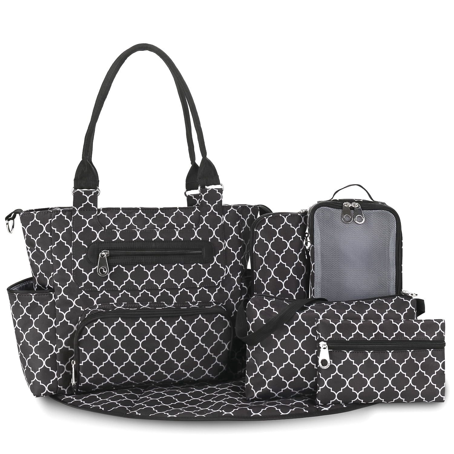 DEFAHN Unisex Mommy Tote Bag, Water Resistant Diaper Handbag with Changing Pad, Pacifier Case and Stroller Straps for Newborn Babies, Black