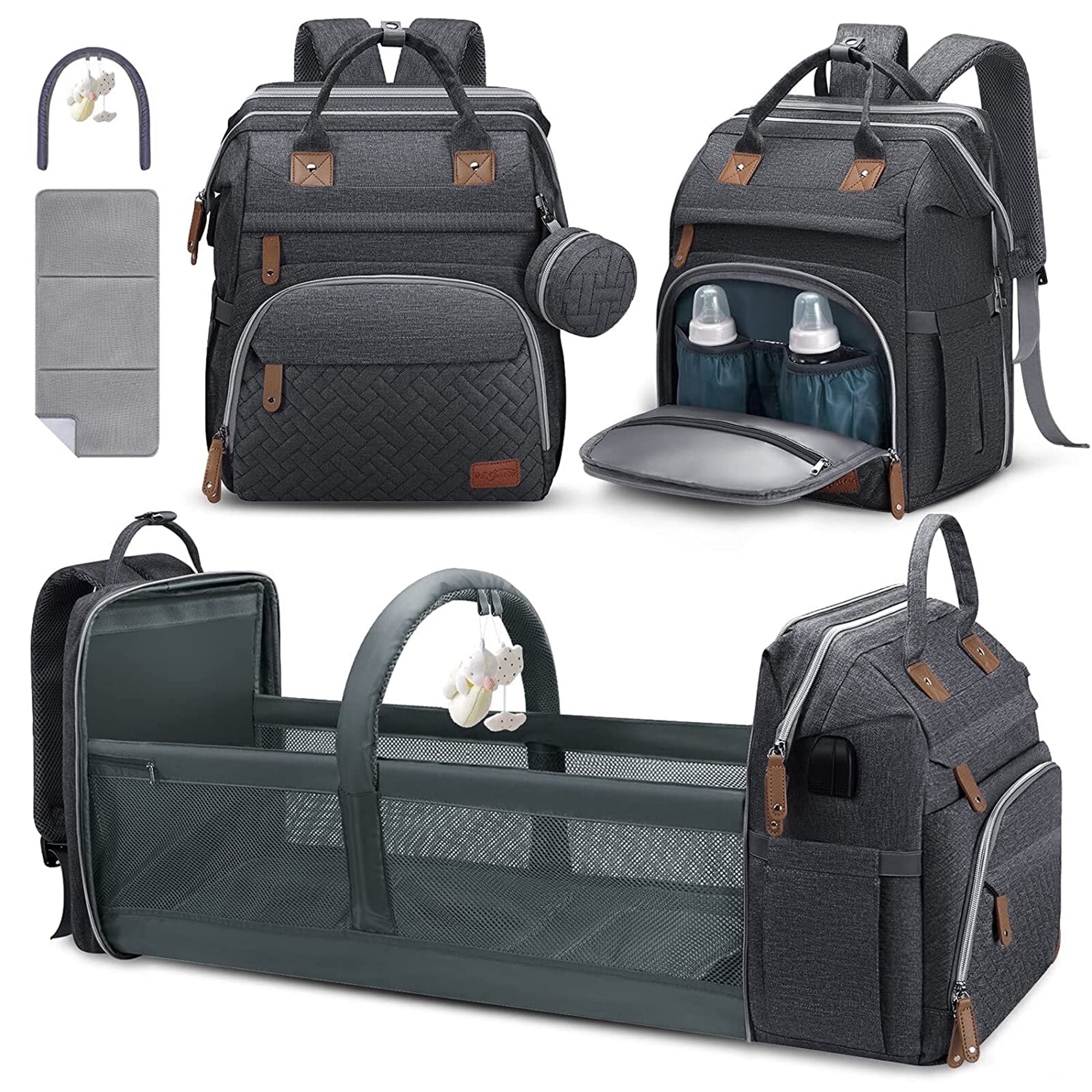 DERSTUEWE Baby Diaper Bag Backpack with Changing Station, Multifunctional Waterproof Portable Baby Bag for Travel, Dark Grey