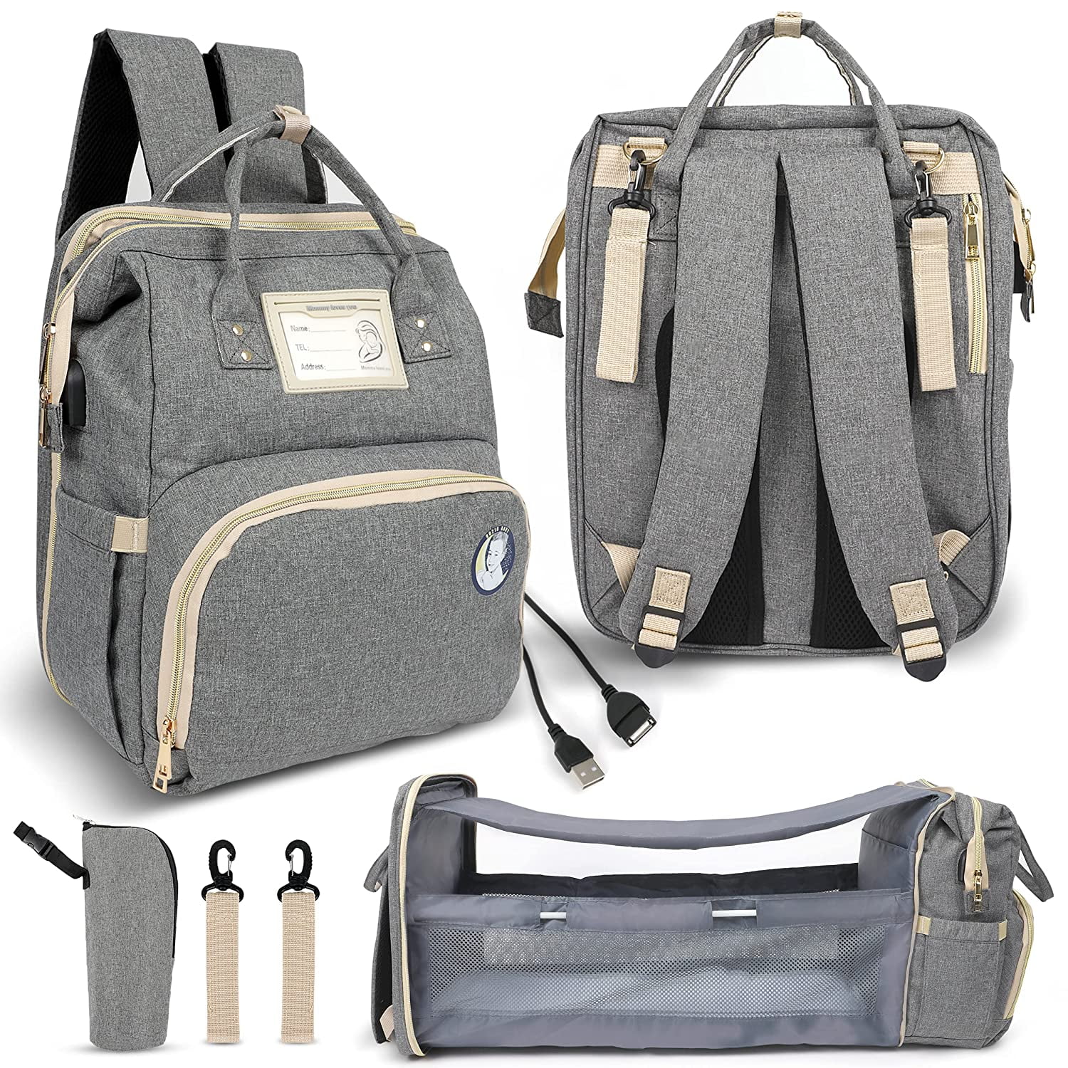 Baby Diaper Bag with Changing Station – Diaper Bag Backpack and USB Port, Insulated Bottle Bag, Mosquito Net, Sunshade – Comfortable and Stylish with Practical Stroller Hooks (Grey)