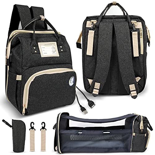 Baby Diaper Bag with Changing Station – Diaper Bag Backpack and USB Port, Insulated Bottle Bag, Mosquito Net, Sunshade – Comfortable and Stylish with Practical Stroller Hooks (Black)