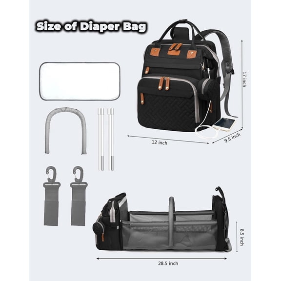 Baby Diaper Bags with Changing Station, Waterproof Diaper Bag Backpack for Moms Dads with USB Charging Port, Baby Shower Gifts, Large Capacity diaper backpack, Black