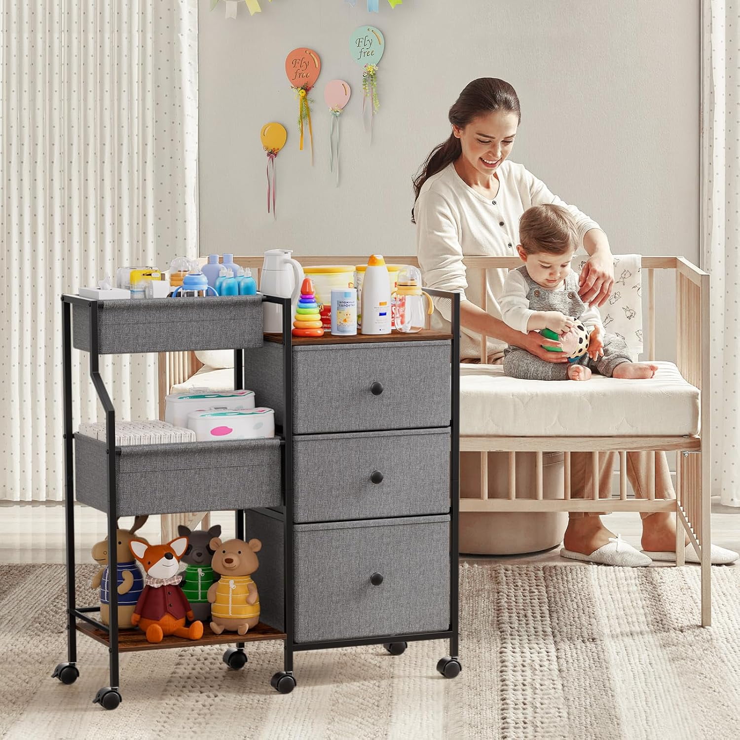 Baby Diaper Caddy Organizer Cart - 3 Tier Rolling Storage with Drawers & Dividers, Grey Nursery Utility Cart for Changing Table