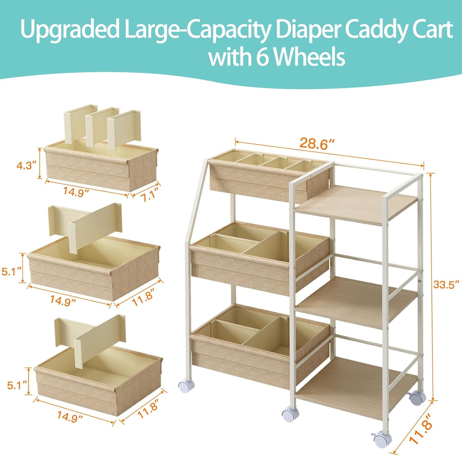 Baby Diaper Caddy Organizer Cart, 3-Tier Rolling Storage with Dividers and Shelves for Nursery Essentials