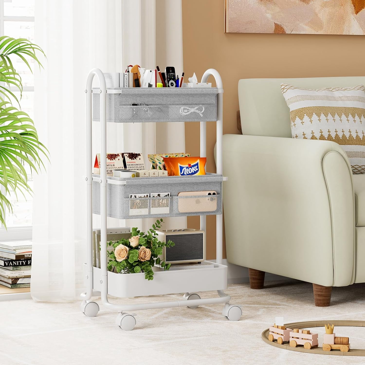 Baby Diaper Caddy Organizer Cart - 3 Tier Rolling Storage with Wheels, Nursery Essentials for Crib Bedroom Art Craft Light Gray