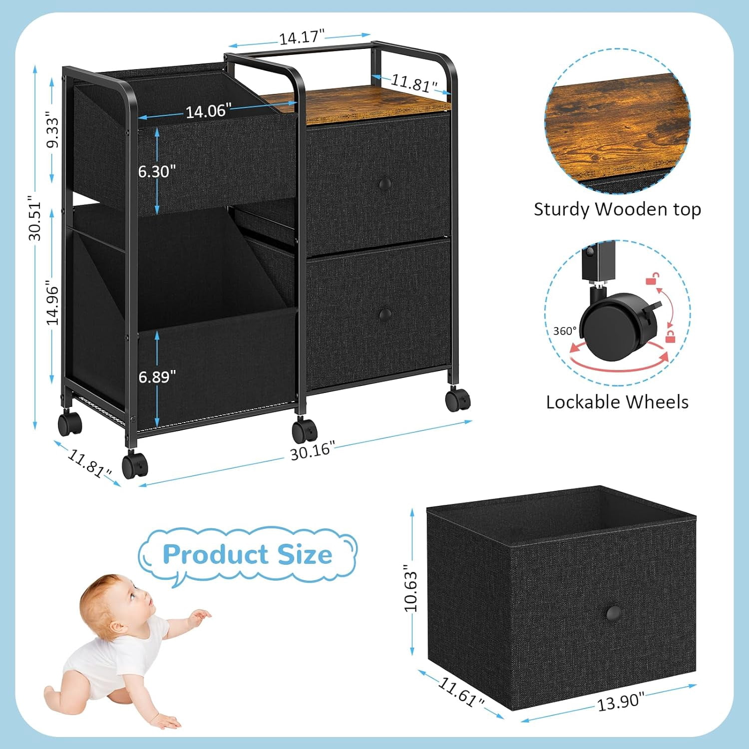 Diaper Caddy Organizer Cart with Drawers and Wheels, 5-Tier Bedside Utility Storage Shelf for Nursery