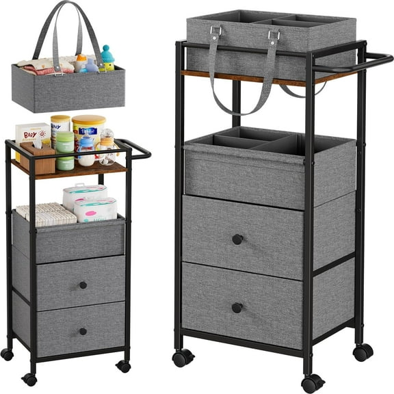 Baby Diaper Caddy Organizer Cart with Drawers - 3In1 Rolling Storage Cart with Wheels, Removable Diaper Caddy, Detachable Dividers - for Crib, Bedroom, Art & Craft Organizer (Black)