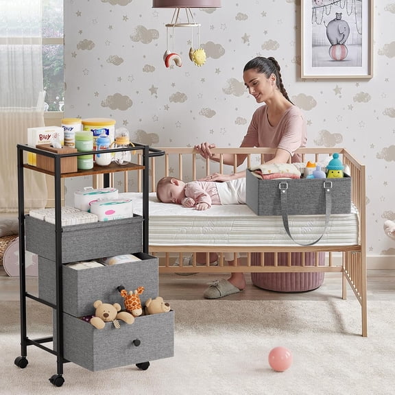 Baby Diaper Caddy Organizer Cart with Drawers - 3In1 Rolling Storage Cart with Wheels, Removable Diaper Caddy, Detachable Dividers - for Crib, Bedroom, Art & Craft Organizer (Black)