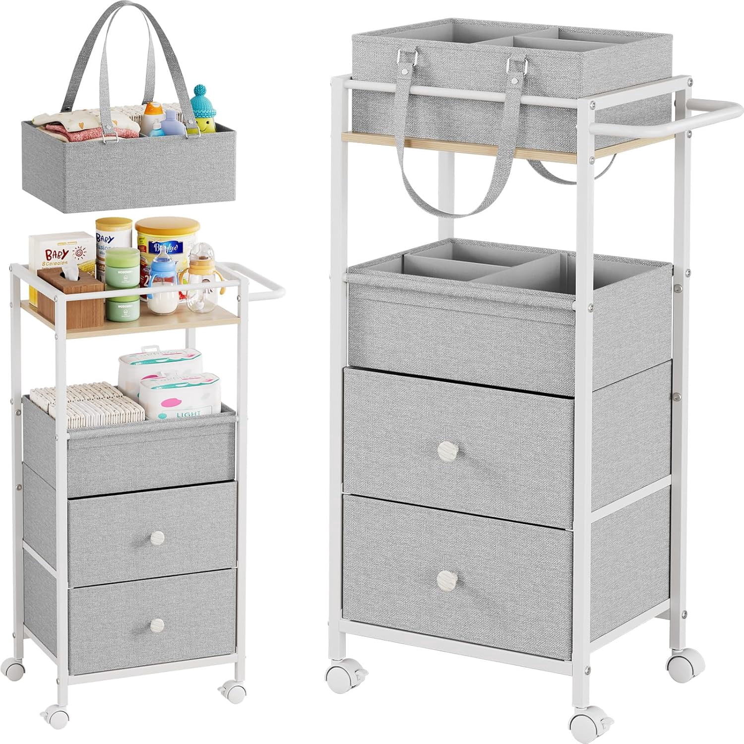 Baby Diaper Caddy Organizer Cart with Drawers - 3In1 Rolling Storage Cart with Wheels, Removable Diaper Caddy, Detachable Dividers - for Crib, Bedroom, Art & Craft Organizer (Light Gray)