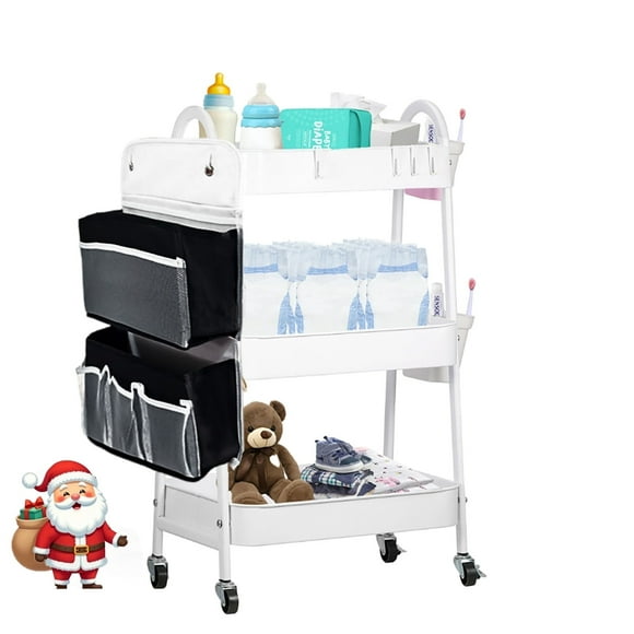 Baby Diaper Caddy Organizer Cart Metal rolling cart,3 Tier Rolling Storage Cart with Wheels,Baby Essentials for Diapers and Baby Wipes Newborn Essentials Storage Cart (White)