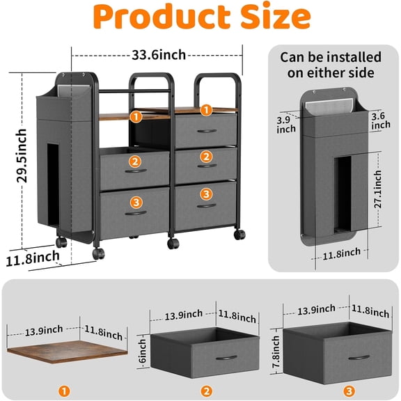 Baby Diaper Caddy Organizer Cart with 5 Drawers & Side Storage, 3-Tier Rolling Nursery Cart for Clothes and Essentials