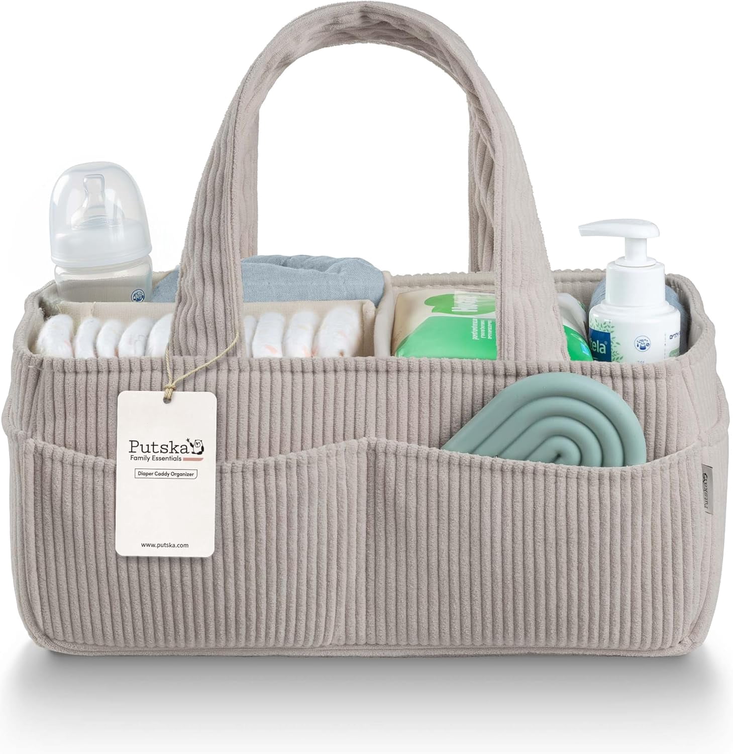Baby Diaper Caddy Organizer for Changing Table – Stylish Nursery Storage Basket, Newborn Essentials, Baby Shower Gifts and Registry Must-Haves for Boy or Girl, Car Diaper Caddy, Corduroy Grey