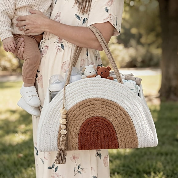 Baby Diaper Caddy Organizer, Caveen Cotton Rope Diaper Caddy Basket with Dividers, Portable Car Organizer for Nursery Essentials, Baby Shower Gifts