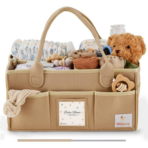 Baby Diaper Caddy Organizer | Felt Changing Table Organizer - Large | Diaper Organizer for Changing Table | Name Card Included - Newborn Essentials Must Haves for Parents Tan