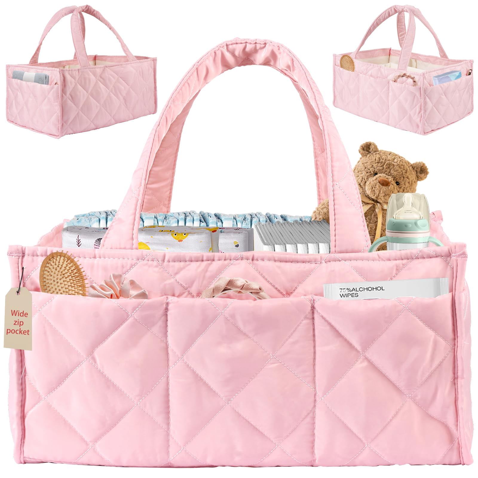 Baby Diaper Caddy Organizer, Nursery Storage Basket for Newborn Essentials, Travel Baby Basket for Diapers Baby Wipes, Organizer Tote Bag Storage Bin, Baby Shower Gifts (Pink)
