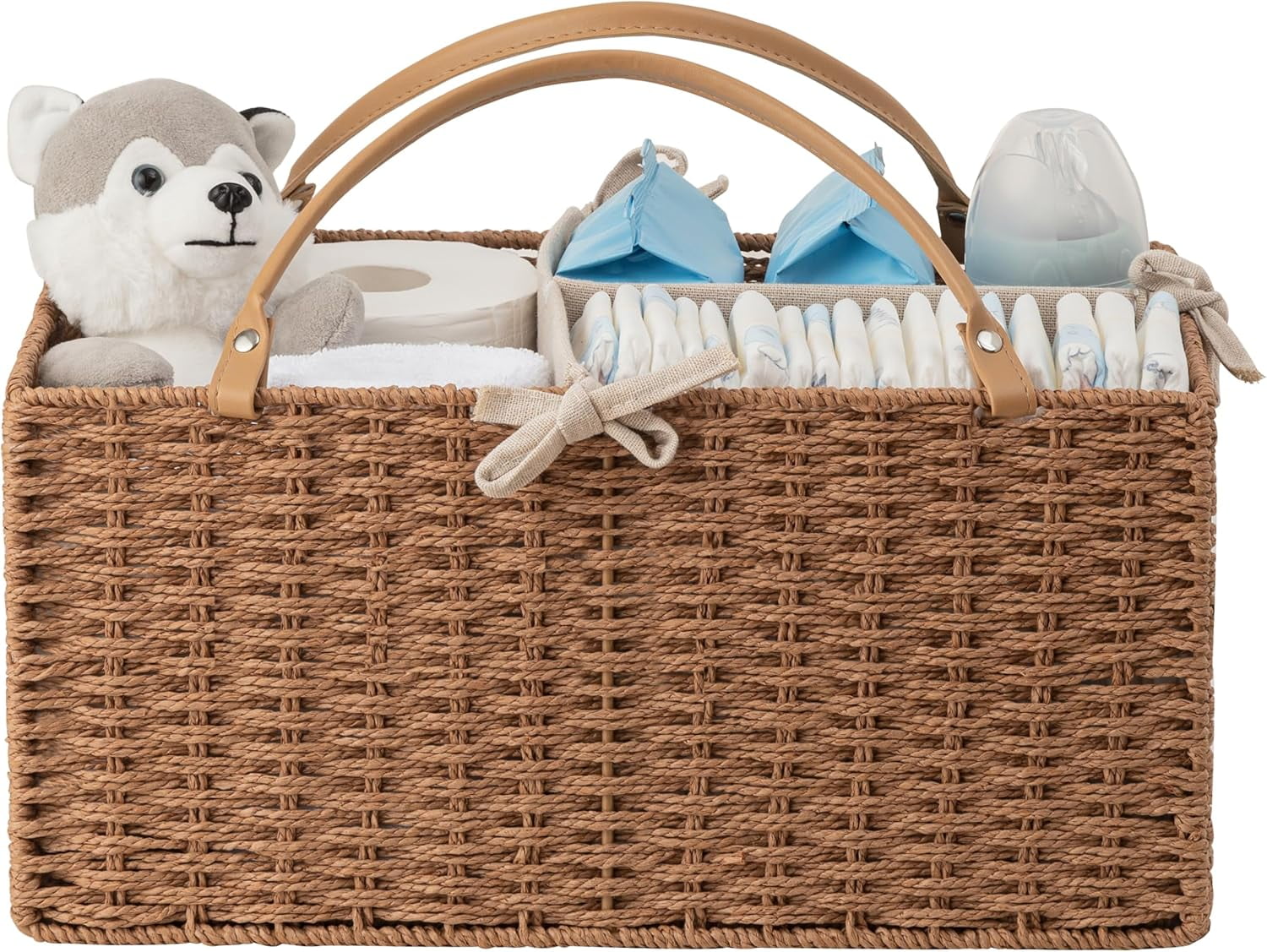 Baby Diaper Caddy Organizer, Paper Rope Storage Baskets Nursery Bin with Removable Divider, Portable Car Organizer for Diapers, Baby Shower Gifts, Newborn Essentials Must Haves