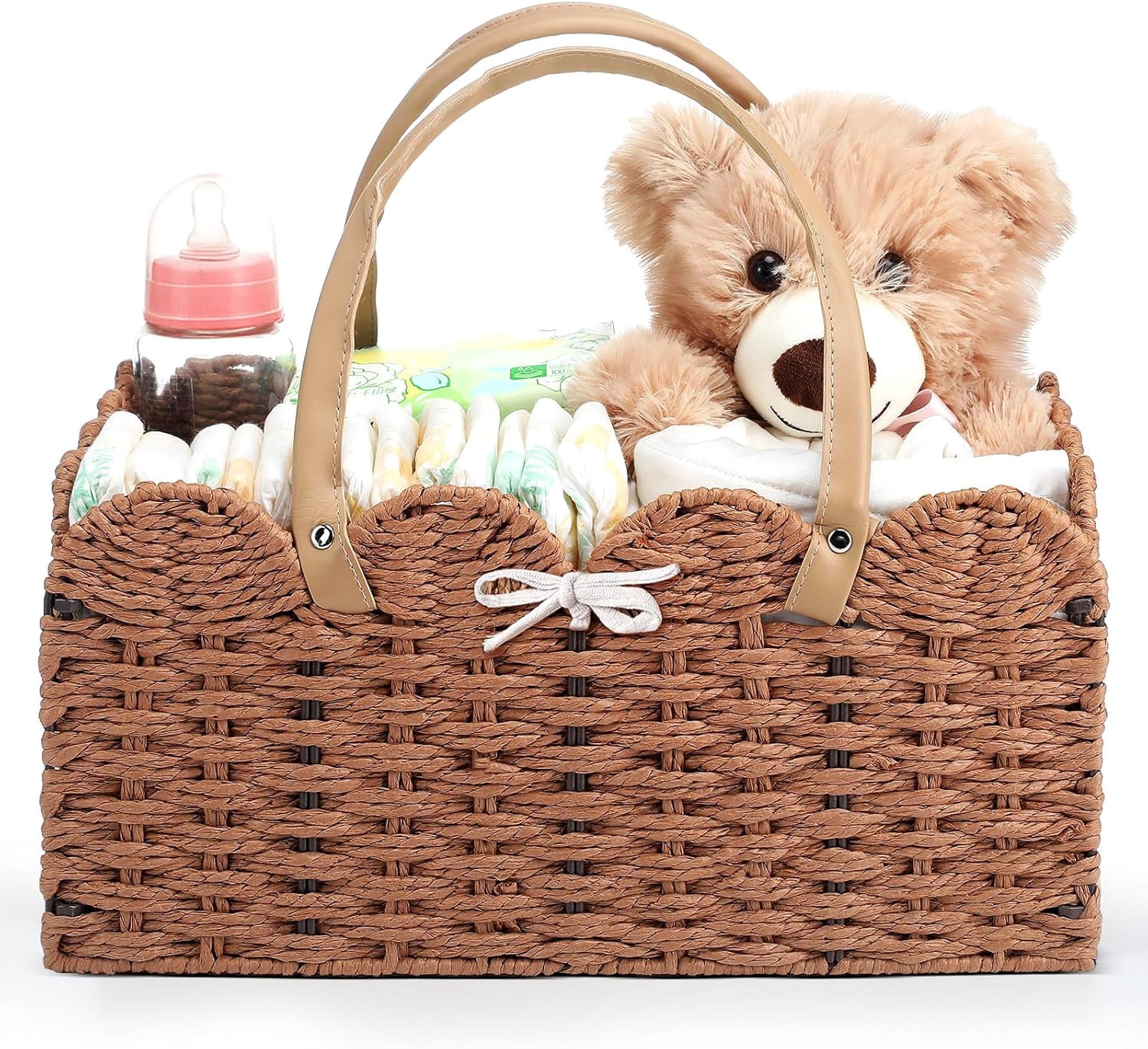 Baby Diaper Caddy Organizer- Woven Paper Rope Storage Baskets Diapers Nursery Bin with Removable Divider for Baby Shower, Newborn Gifts Must Haves