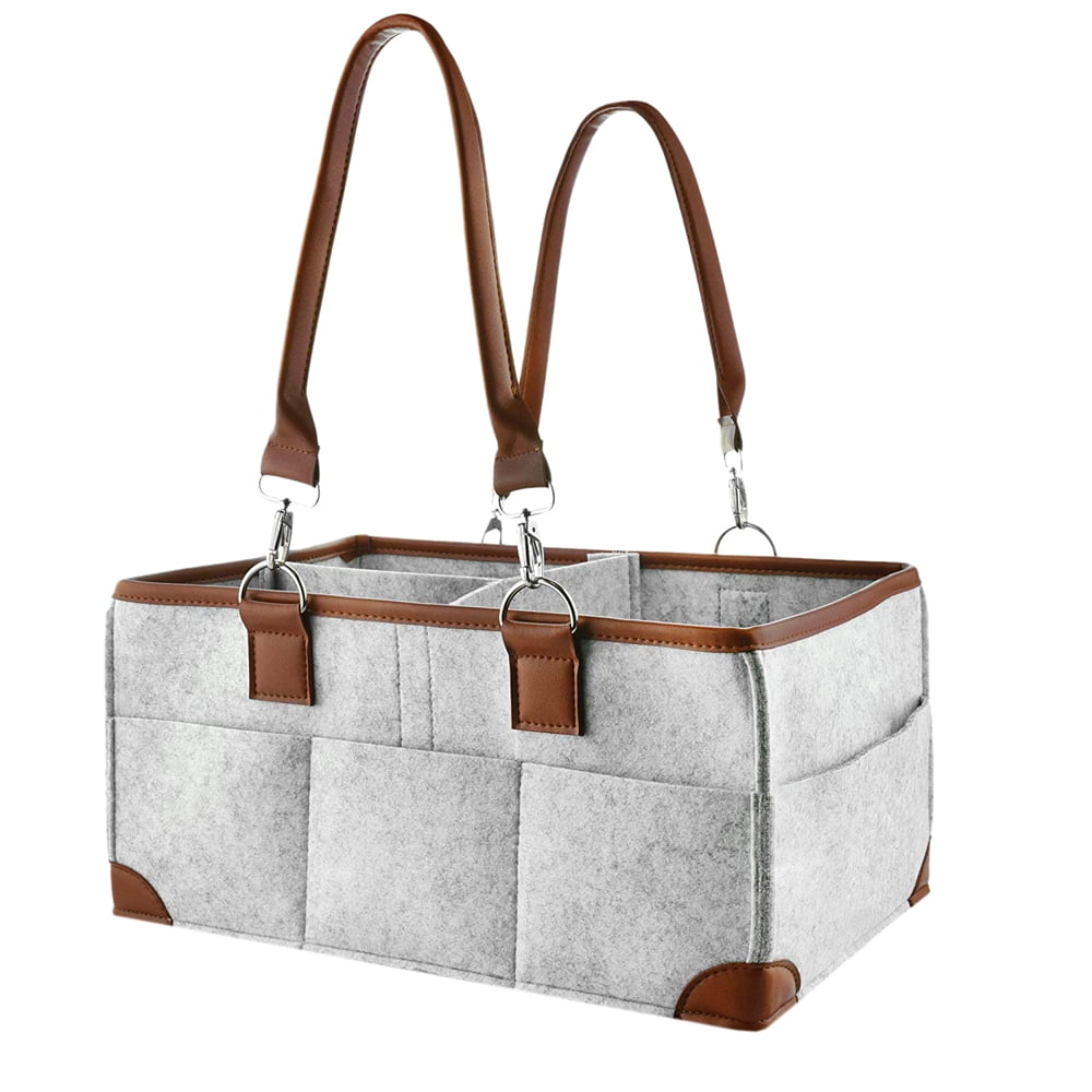 Baby Diaper Organizer Portable Storage Basket Essential Bag For Nursery Changing Table And Car Good For Storing Diapers Bottles Baby Wipes Baby'S Toys Gray Leather Handle