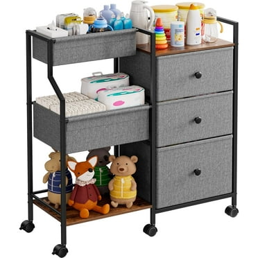 Baby Diaper Organizer and Storage Cart - 3 Tiers with Dividers and Drawers for Nursery, Bedroom, Changing Table and Crib