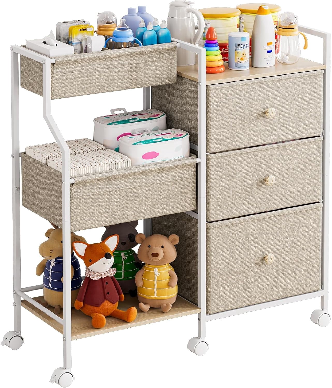 Baby Diaper Organizer and Storage Cart - 3 Tiers with Dividers and Drawers for Nursery, Bedroom, Changing Table and Crib