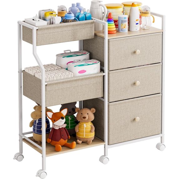 Baby Diaper Organizer and Storage Cart - 3 Tiers with Dividers and Drawers for Nursery, Bedroom, Changing Table and Crib