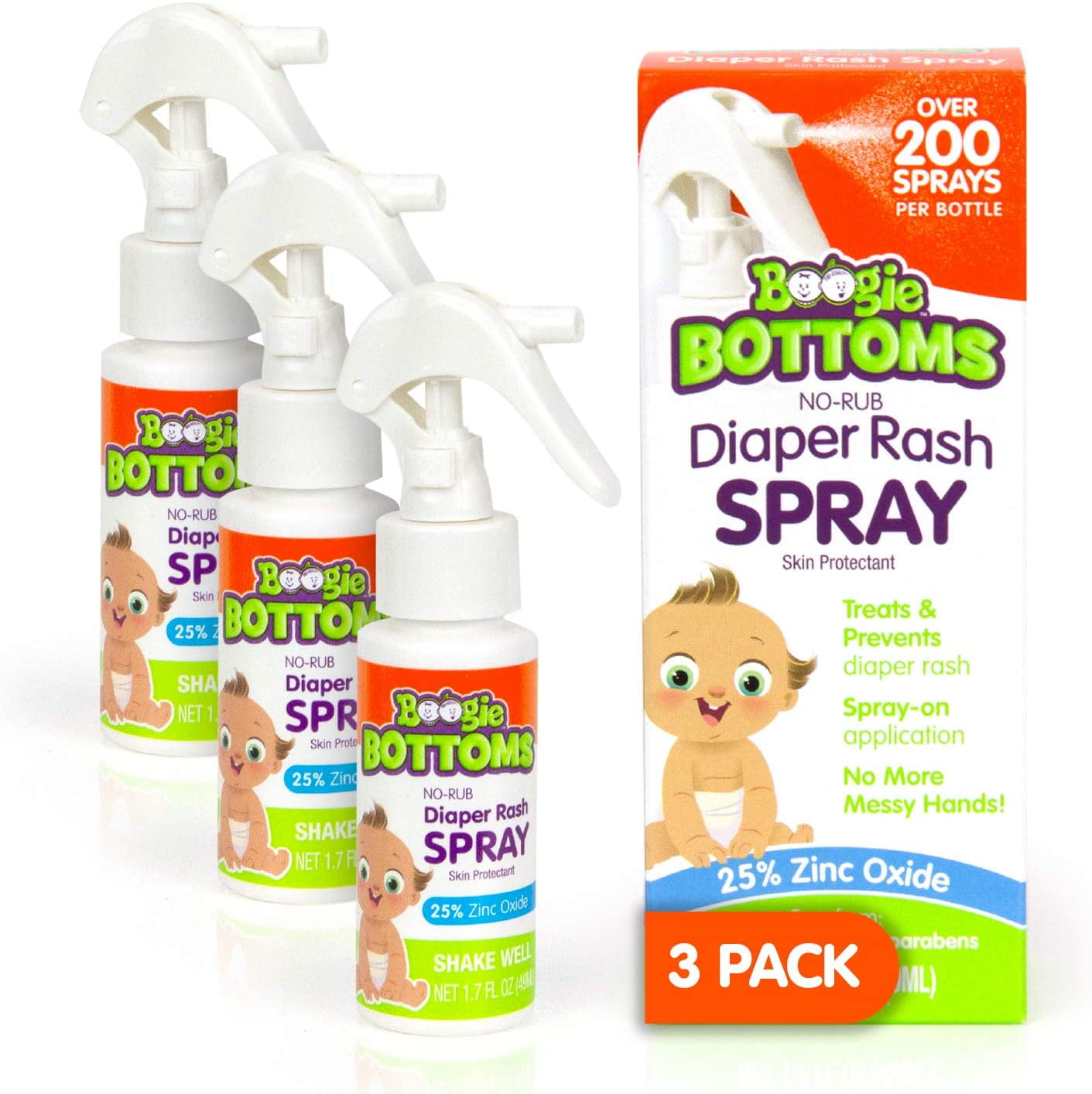 Baby Diaper Rash Cream Spray by Boogie Bottoms No Rub Touch Free Application for Sensitive Skin Over 200 Sprays per Bottle 1.7 oz Pack of 3