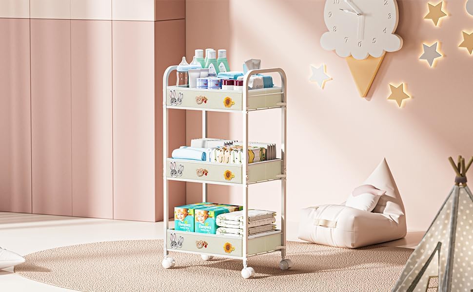 Baby Diaper Space-Saving Rack Cart, 3-Tier Movable Diaper Caddy for ...