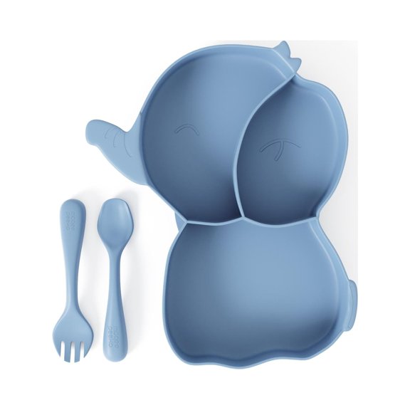 Baby Dinner Set in Blue color Cute Elephant Shape including Suction Tray and Utensils by Muqee Peeko - (3 Piece Set)