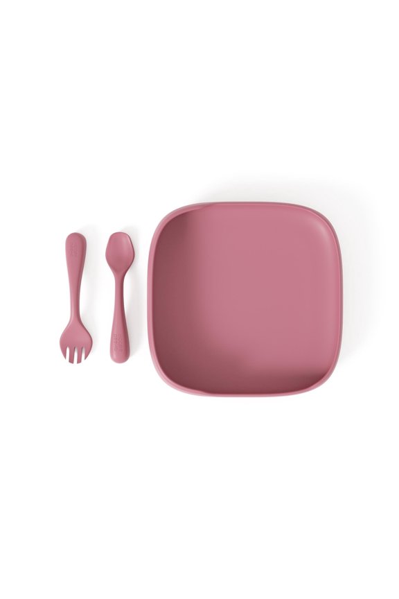 Baby Dinnerware Set by Muqee Peeko in Pink Color with Tray or Plate and utensils - (3 Piece Set)