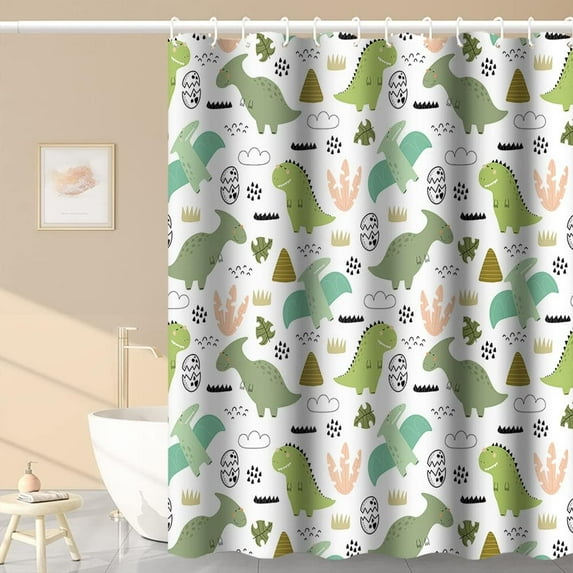 Baby Dinosaur Shower Curtains Funny Green Dino Print Pattern Tropical Wild Animals for Neutral Child Bathroom Decor Waterproof Polyester Fabric 72x72 Inch Shower Curtains Sets with Hooks