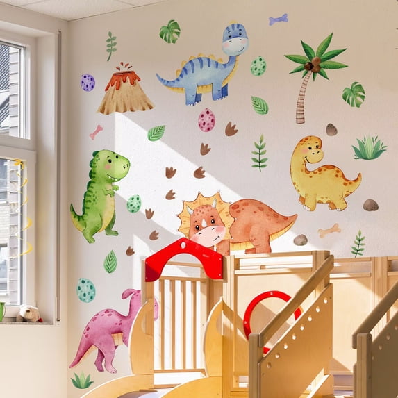 Baby Dinosaur Wall Decals Stickers, Dino Volcano Cave Neutral Nursery Toddler Playroom Decor, Kids Room Home Decorations Girls Boys Bedroom Classroom Daycare Art