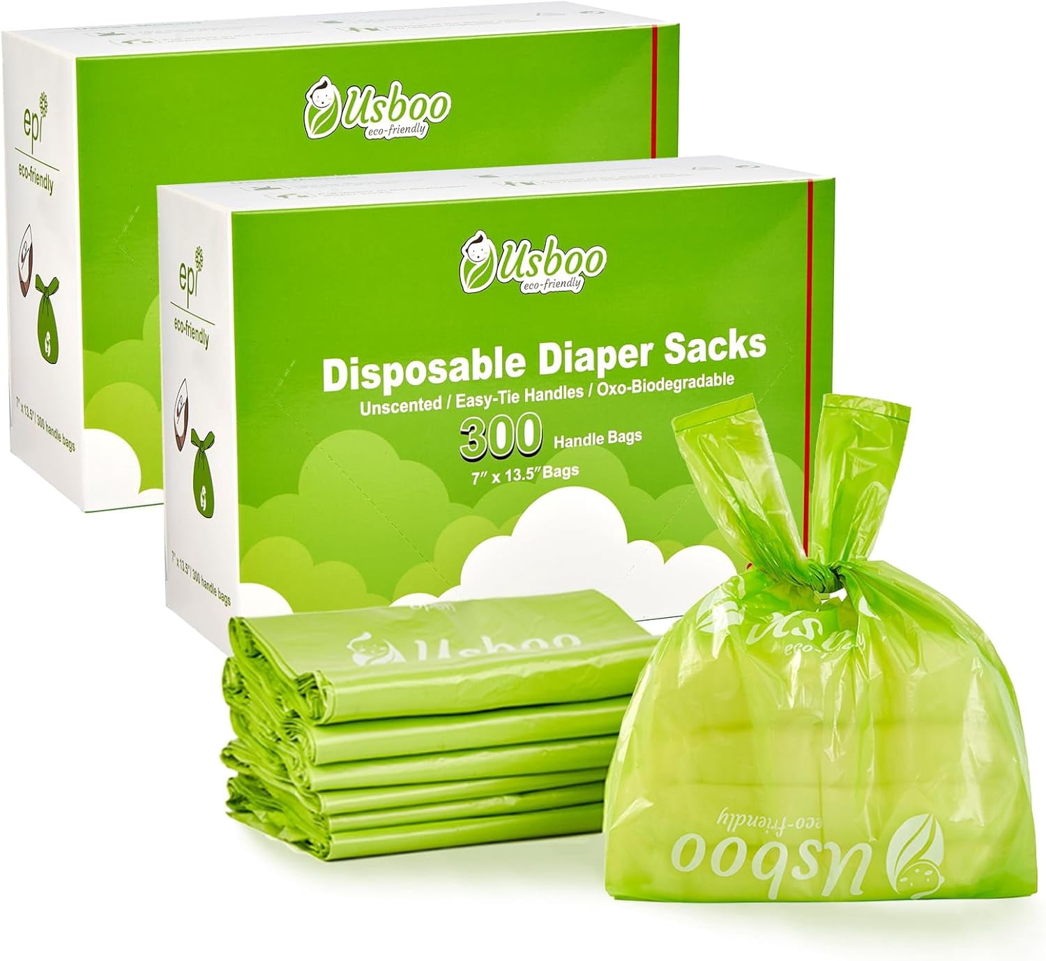 Baby Disposable Diaper Bags,2 Pack (600 Count) -Biodegradable Diaper Sacks,Easy-Tie Handles,Diaper Disposal or Pet Waste Bags