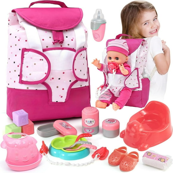 Baby Doll Accessories Playset, Baby Doll Care Toys with Changing Bag Backpack Feeding Set Doll Nappies Bottle Bath, Birthday Toys for Kids Girls (Doll Not Included)