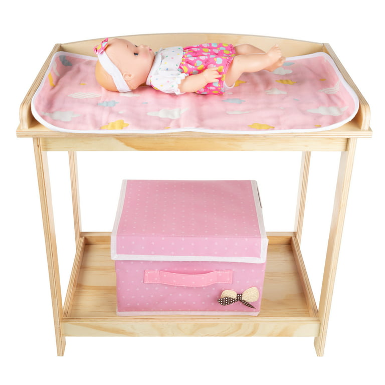 Baby Doll Changing Table for 18” Dolls & Stuffed Animals- Wooden Diaper  Station, Changing Pad, Storage Basket by Hey! Play!