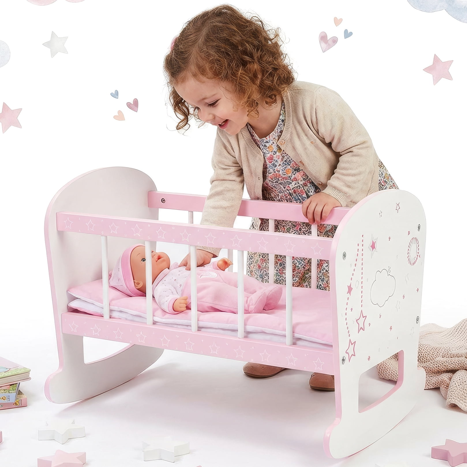 Wooden Doll Crib Rocking Cradle Bed for 18 Inch Dolls with Mattress, Pillow & Blanket, Baby Doll Furniture Toy