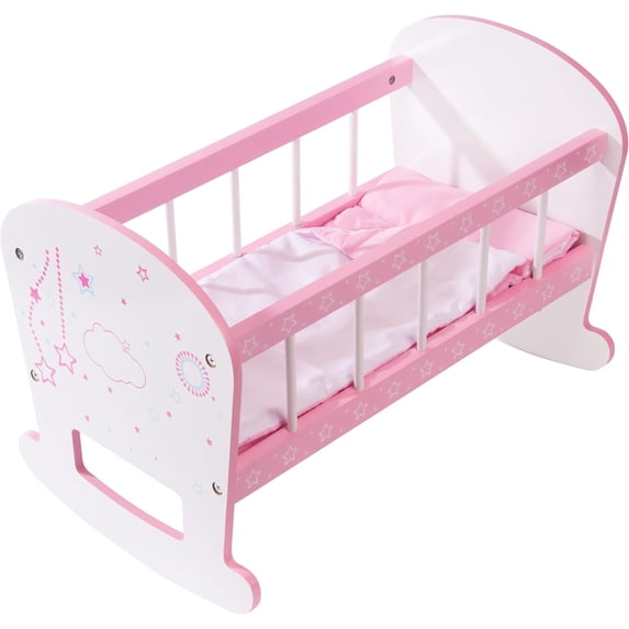 Baby Doll Crib Toy Wooden Play Rocking Cradle for Dolls | with Mattress Pillow & Blanket for 18” Doll