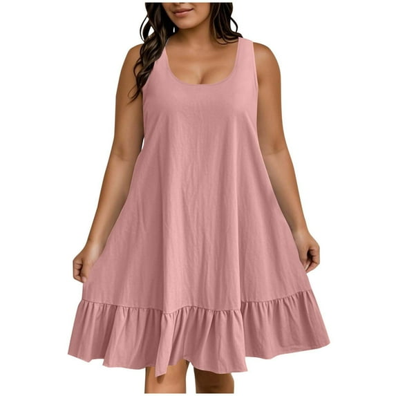 Baby Doll Dresses for Women,Womens Plus Size Sundress Casual Plain Crewneck Sleeveless Dress Plus Size Summer Ruffle Hem Flowy Beach Sundress