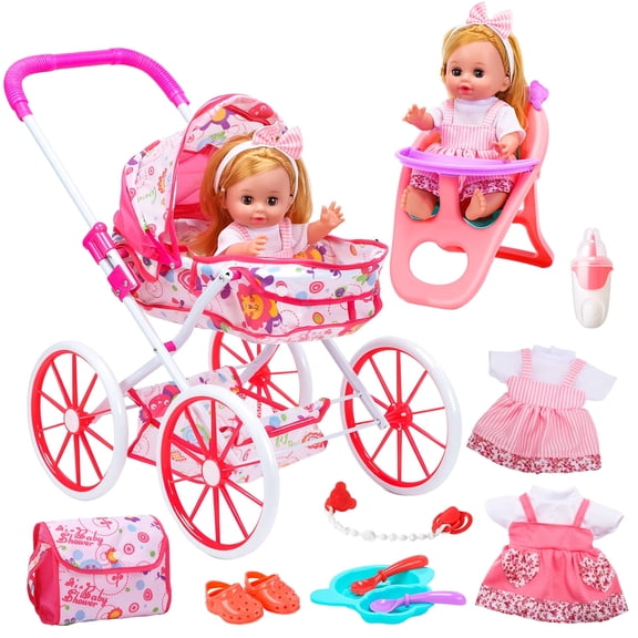 Baby Doll Playset with Stroller for Girls Pretend Play Baby Care Toy with High Chair, Clothes & Accessories