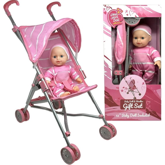 Baby Doll Stroller & 12" Baby Doll with Pacifier Gift Set - Pink Striped Fabric Baby Stroller Toy for Kids - Foldable Play Stroller for Dolls with Canopy - Baby Doll Stroller for Toddlers, Girls