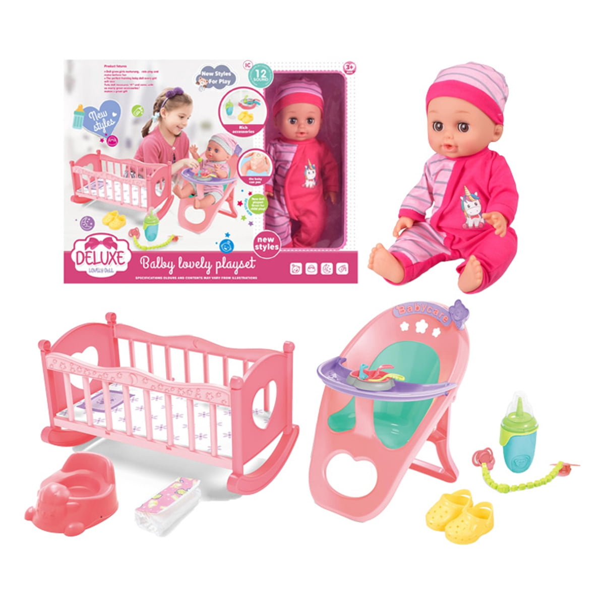 Baby Doll Toys Set 14 in whit 25 Pices with Doll, High Chair Seat