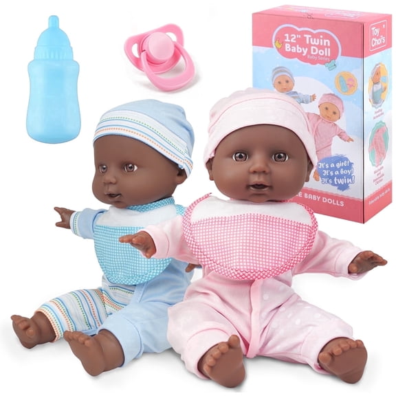 YCFUN Twin Baby Dolls for Toddlers, 12 Inch Soft Dark Skin-Tone Body Babydoll with Rompers, Hat, Pacifier and Doll Bibs