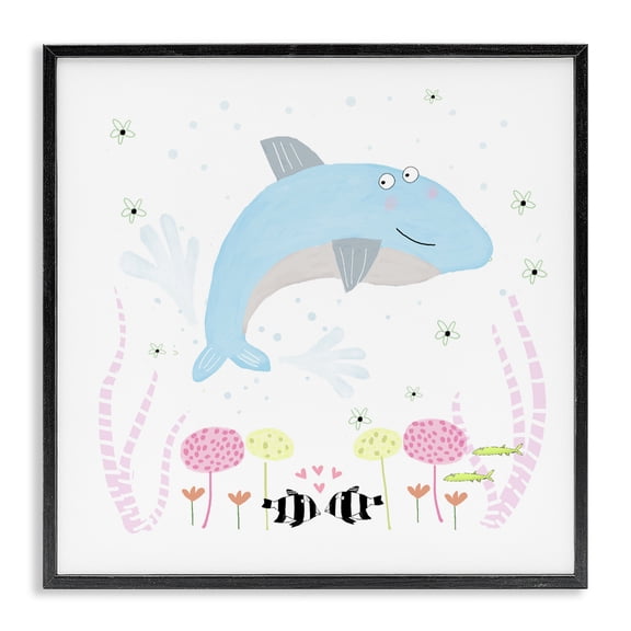 Stupell Industries Baby Dolphin & Flowers Black Framed Giclee Art, design by Carla Daly, 12 x 12