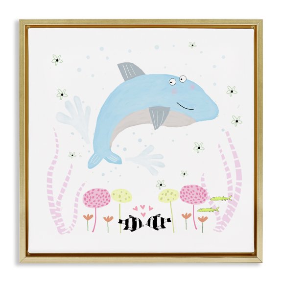 Stupell Industries Baby Dolphin & Flowers Gold Framed Floater Canvas Wall Art, design by Carla Daly, 18 x 18