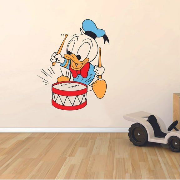 Baby Donald Duck Playing Drum Cartoon Character Wall Art Vinyl Sticker Mural Baby Kids Room Bedroom Nursery Kindergarten House Home Wall Decor Removable Peel and Stick Durable Quality 40x20 inch