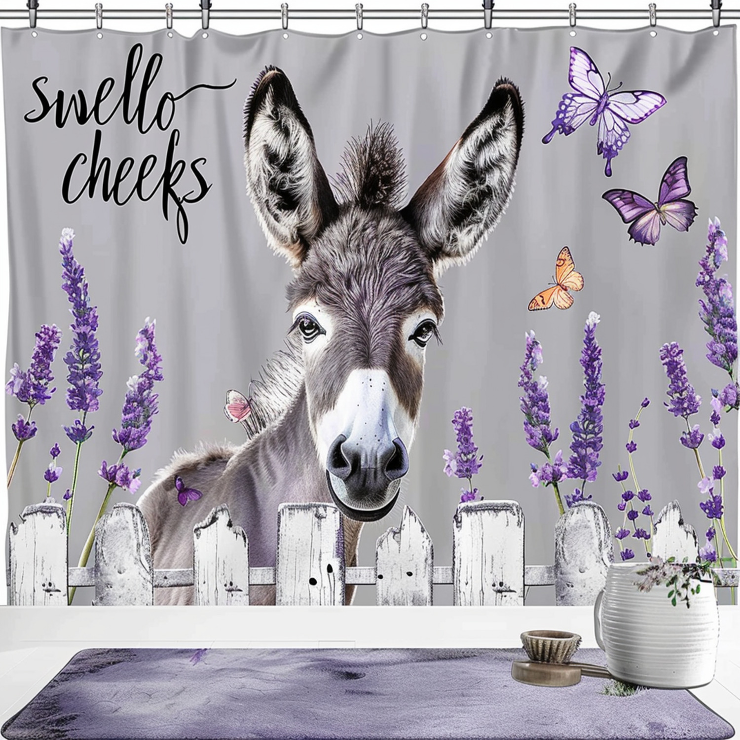 Baby Donkey Lavender Field Shower Curtain with Butterflies and Flowers