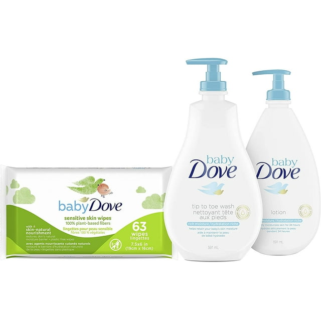 Baby Dove Gift Set with Baby Body Wash, Baby Lotion and Fragrancefree Baby Wipes for Baby Care