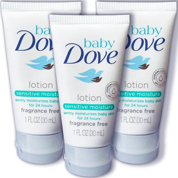 Baby Dove Sensitive Moisture Baby Lotion, 3 Pk Hypoallergenic Fragrance-Free for Sensitive Skin, Moisturizing Unscented Baby Lotion, Safe 4 Newborns Travel Size 1oz Ea