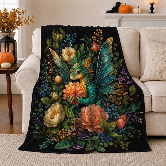 Baby Dragon with Teal Wings and Flowers, Vibrant Fantasy Style for Dragon Lovers, Cozy Botanical Garden Scene, Flannel Blanket for Sunroom and Bedroom, Housewarming Gift and Fantasy Home Decor
