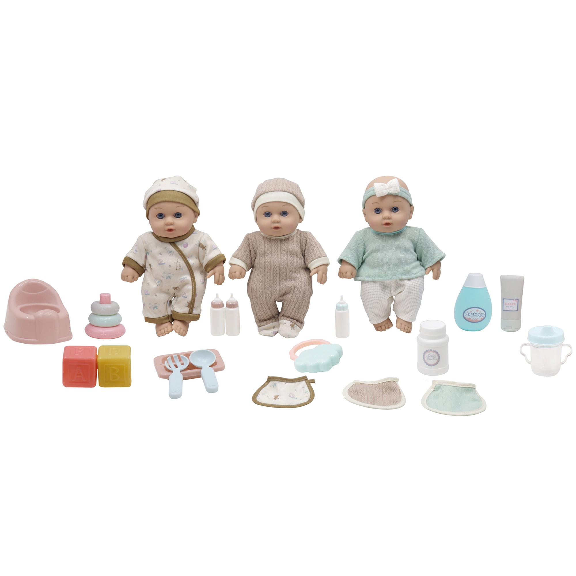 Baby Dreami: 14" Baby Doll Triplets Care Playset - Brown & Teal Outfits, 19pc Nurturing Accessories, Potty-Feeding-Bathing, Play Toys, Kids-Toddler 2+