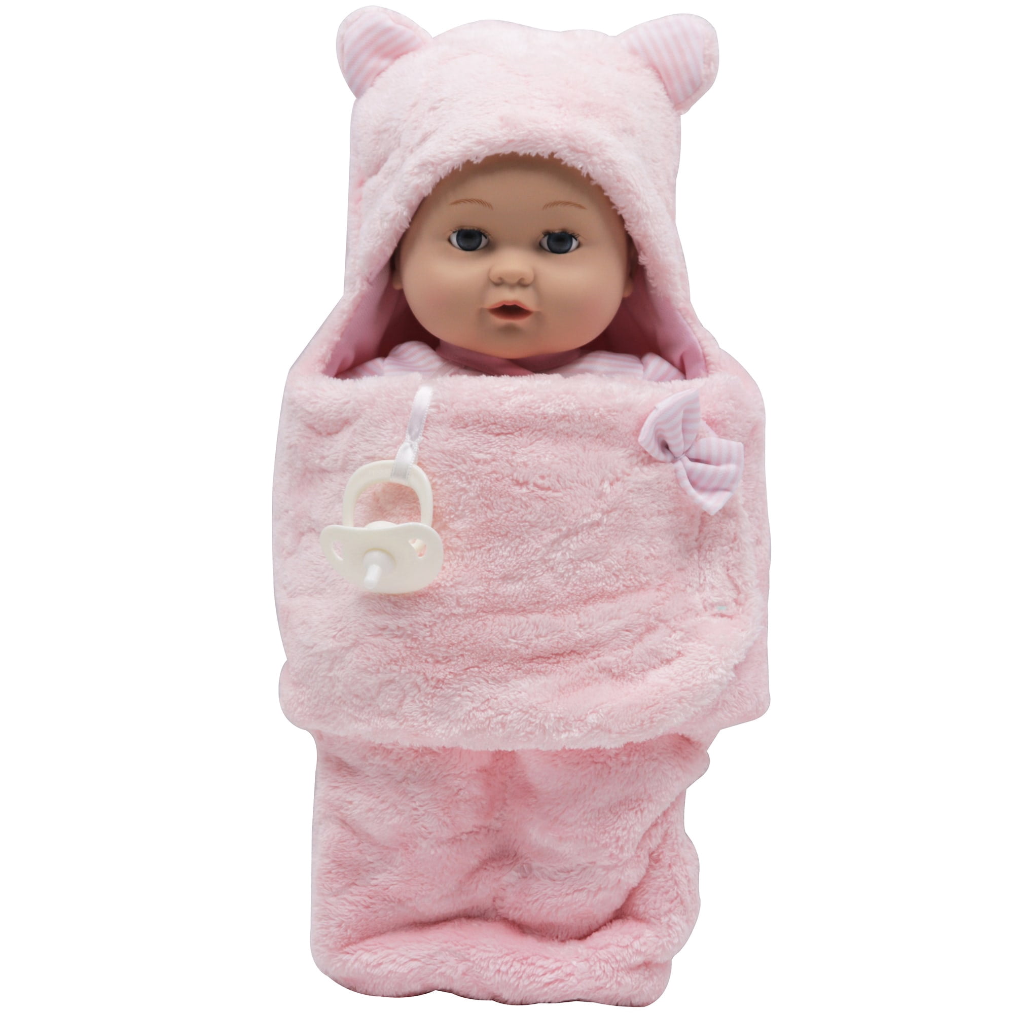 Baby Dreami: Bunting 13” Baby Doll - Pink & White Striped Outfit, Animal Ears Plush Swaddle Wrap Blanket, Binky, Soft & Huggable Toy, Kids-Toddlers 2+